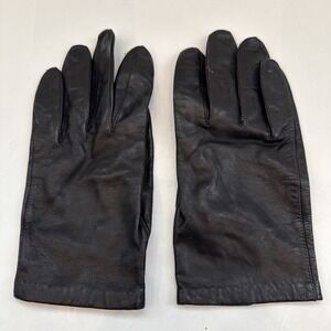 Vintage Ladies Miss Aris Black Leather Gloves 100% Silk Lined Size 8